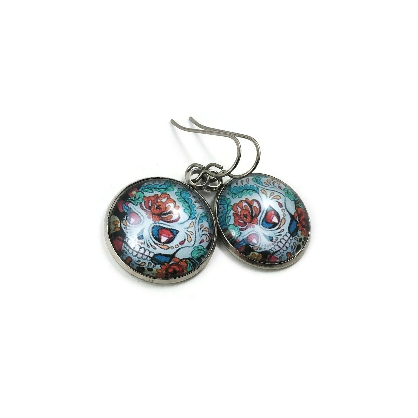 Day of The Dead sugar skull dangle earrings - Hypoallergenic pure titanium, stainless steel and glass jewelry