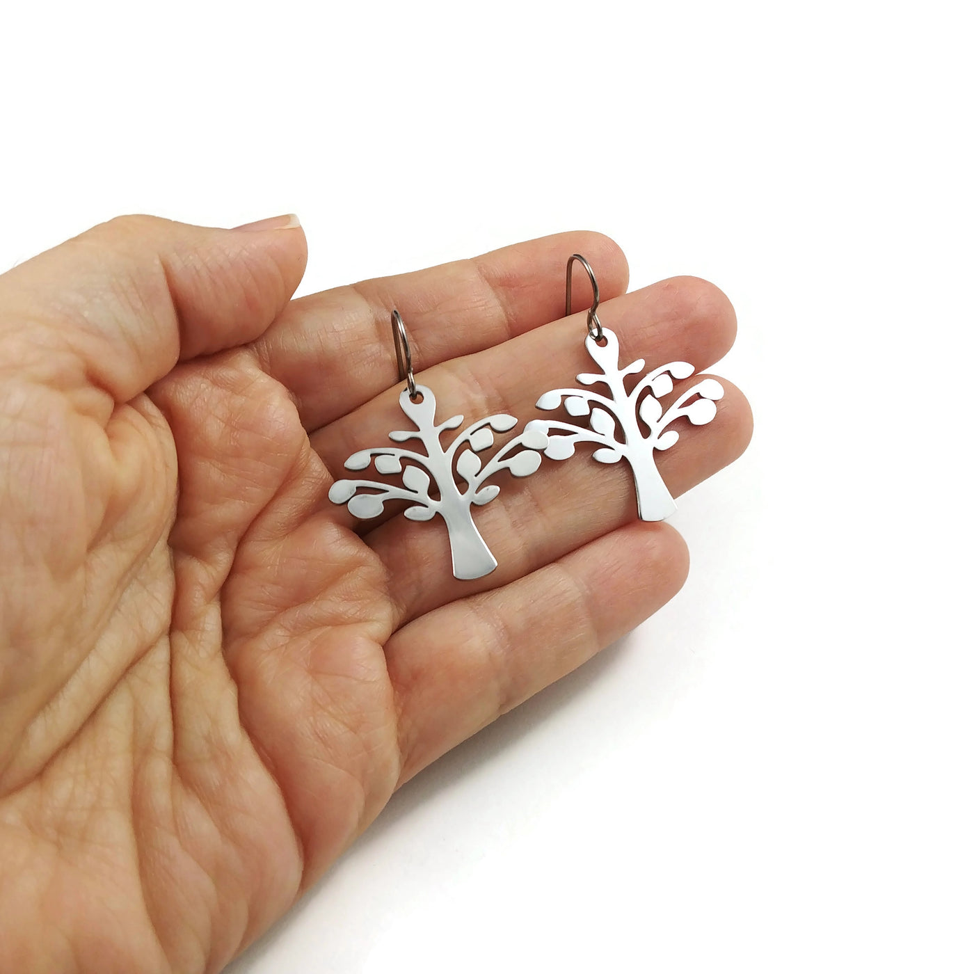 Silver tree dangle earrings - Hypoallergenic pure titanium and stainless steel