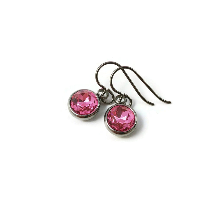 Pink rhinestone faceted dangle earrings - Pure titanium, stainless steel and rhinestone
