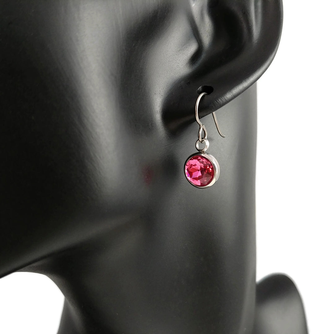 Pink rhinestone faceted dangle earrings - Pure titanium, stainless steel and rhinestone