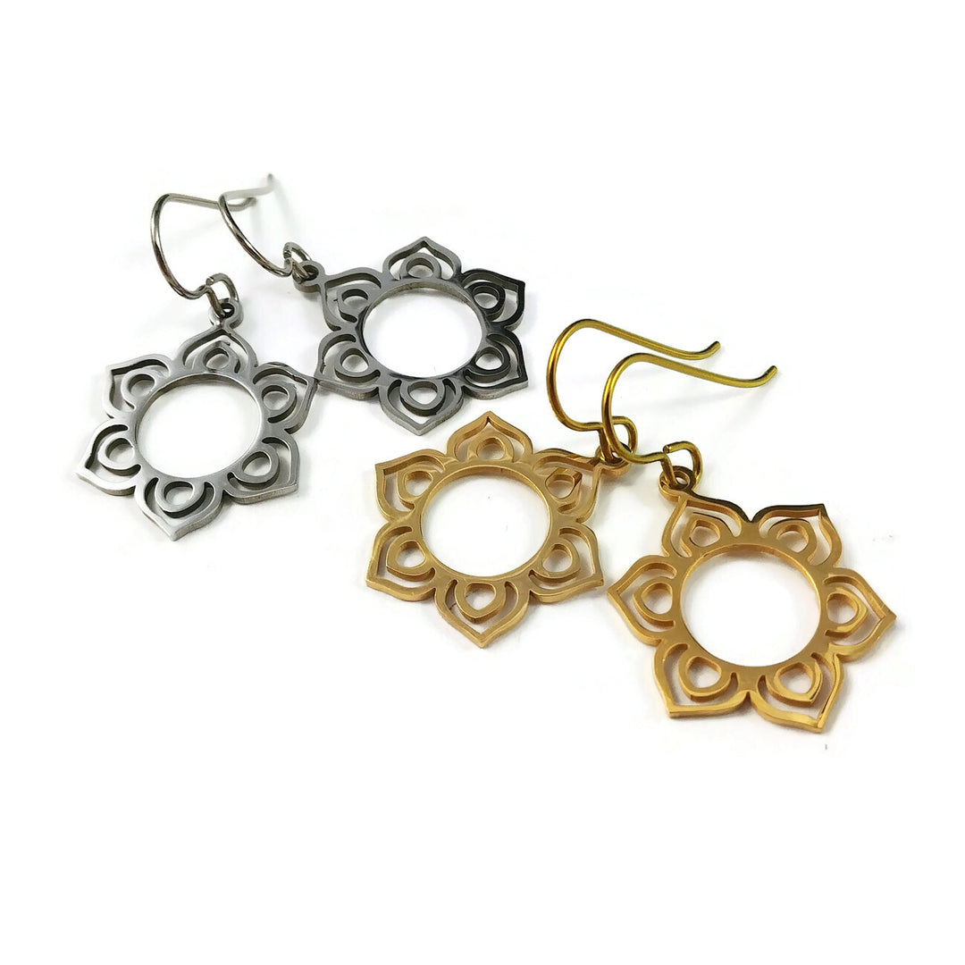Boho flower dangle earrings - Hypoallergenic pure titanium and stainless steel