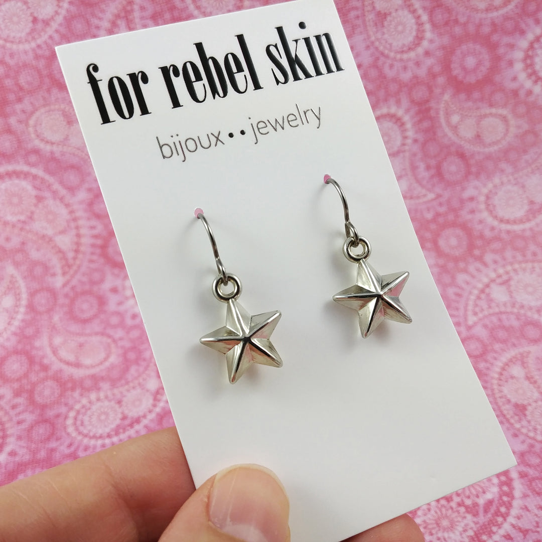 Silver star dangle earrings - Hypoallergenic pure titanium and acrylic