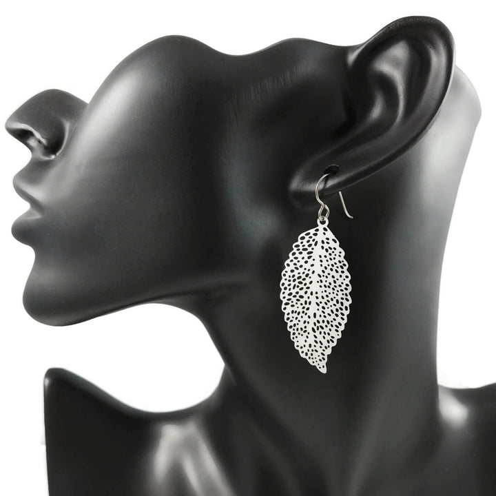 Silver leaf dangle earrings - Pure titanium and stainless steel