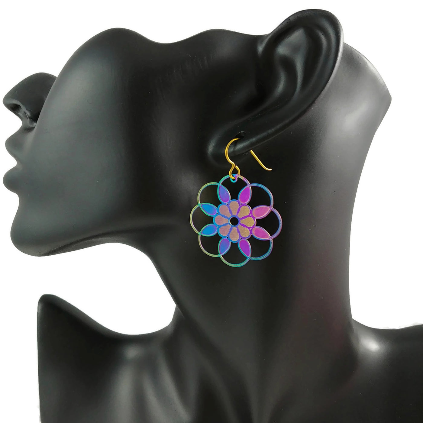 Rainbow filigree rosace drop dangle niobium earrings - Hypoallergenic art deco earrings