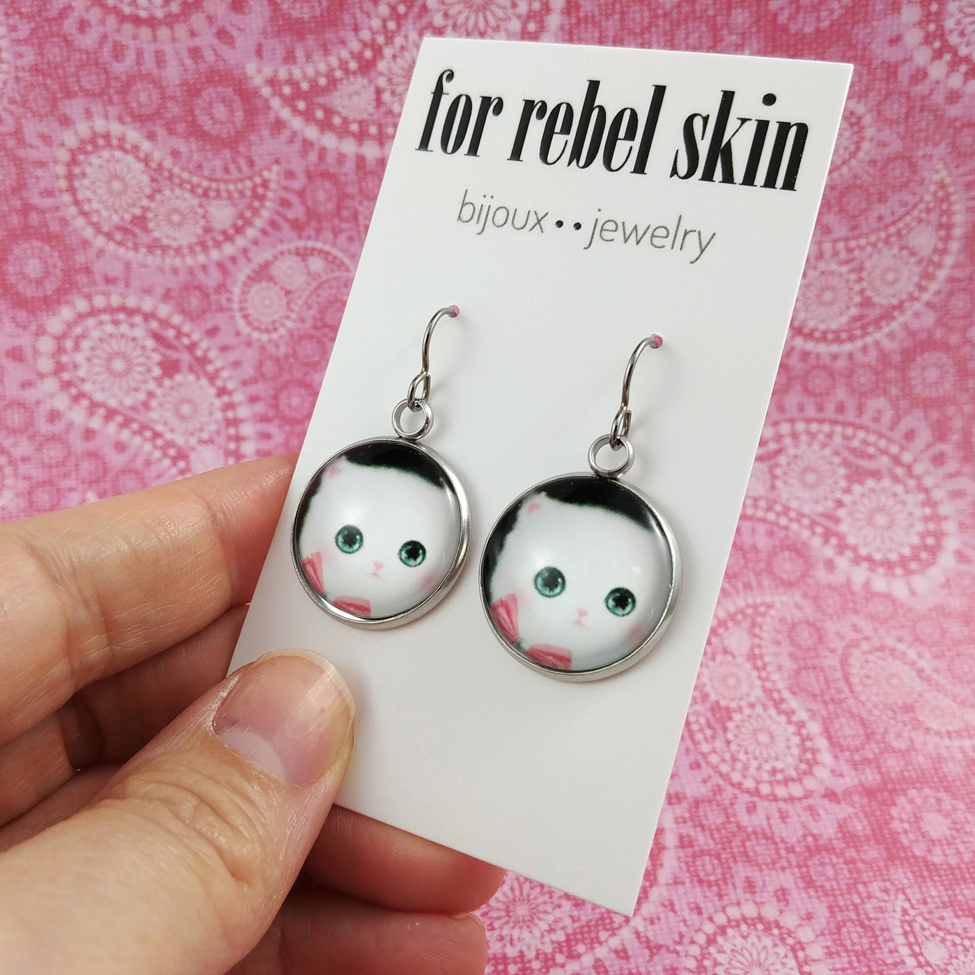 Kitty dangle earrings - Hypoallergenic pure titanium, stainless steel and glass jewelry