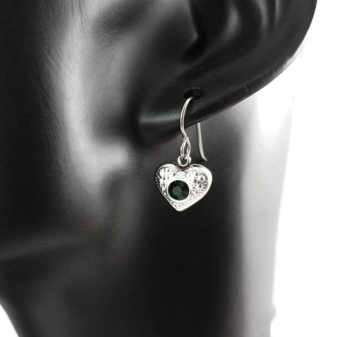 Emerald green rhinestone heart dangle earrings - Hypoallergenic pure titanium and stainless steel