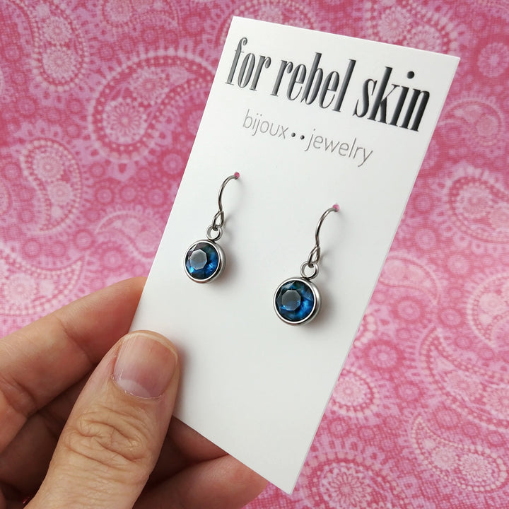Blue rhinestone faceted dangle earrings - Pure titanium, stainless steel and rhinestone