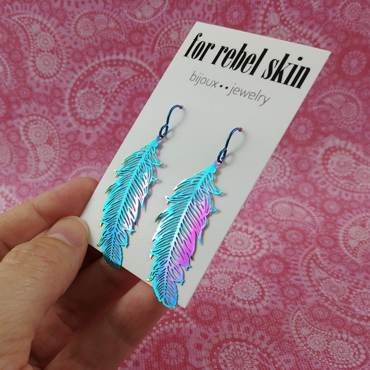 Rainbow filigree feather dangle niobium earrings