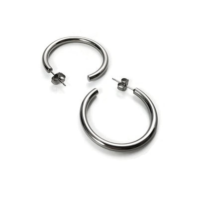 Large round hoop earrings, natural polished titanium 100% hypoallergenic for sensitive ear