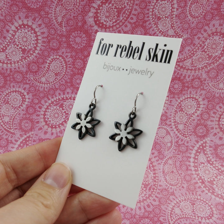 Black and silver flower dangle earrings - Hypoallergenic pure titanium and stainless steel