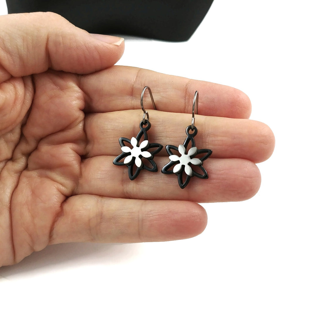 Black and silver flower dangle earrings - Hypoallergenic pure titanium and stainless steel