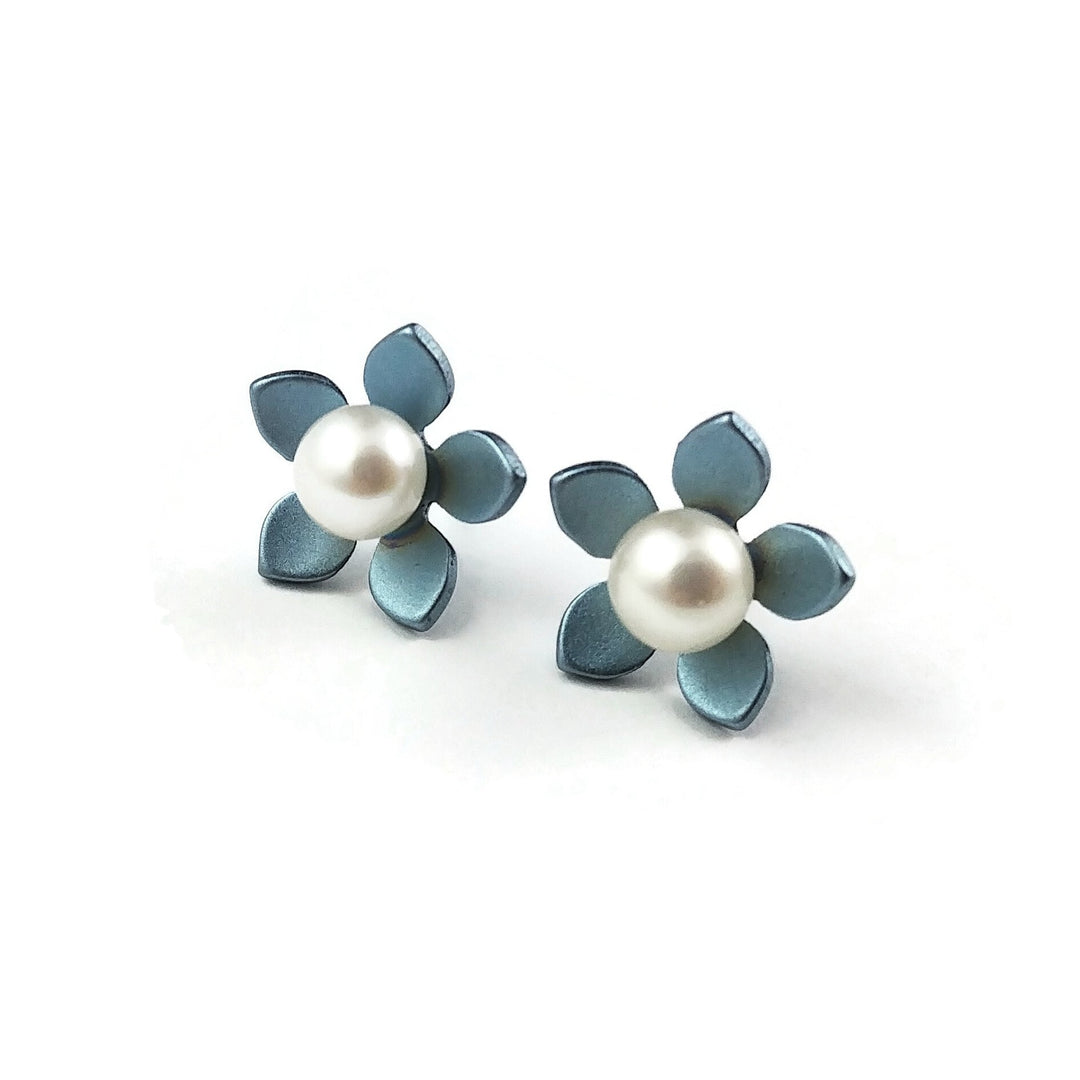 Blue Flower and Pearl Bead Titanium Stud Earrings, 100% Hypoallergenic, Sensitive ear