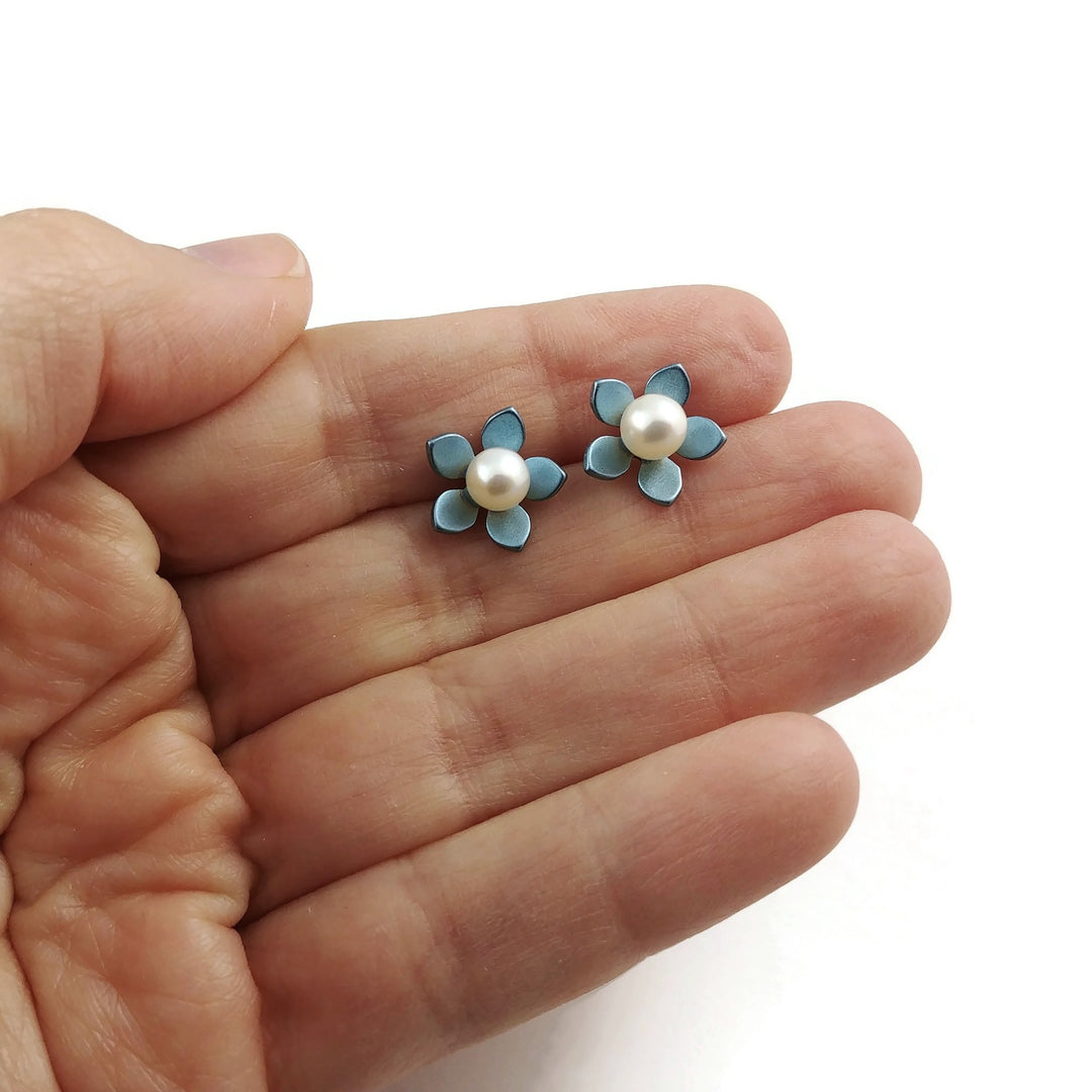 Blue Flower and Pearl Bead Titanium Stud Earrings, 100% Hypoallergenic, Sensitive ear