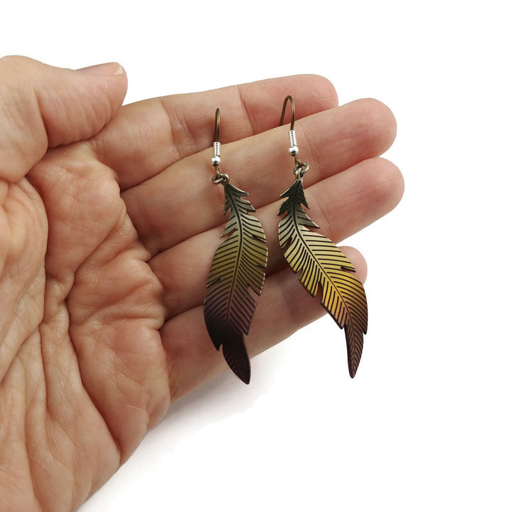 Large Curved Feather Titanium Earrings, 100% Hypoallergenic, Sensitive ear