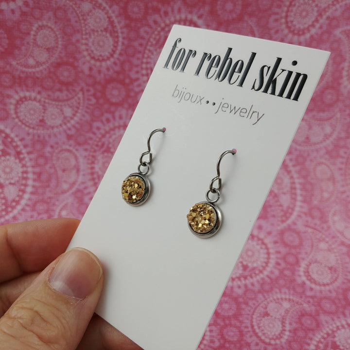 Gold druzy dangle titanium earrings
