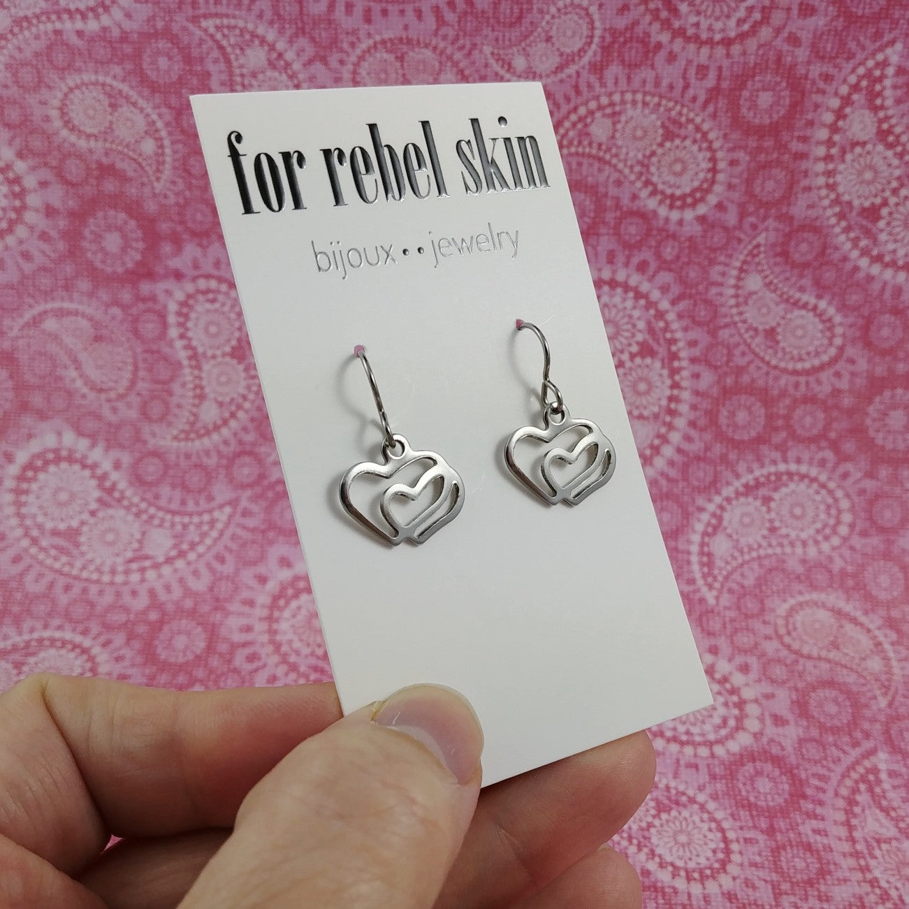 Silver heart dangle earrings - Hypoallergenic pure titanium and stainless steel