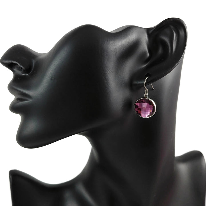 Plum rhinestone faceted dangle earrings - Pure titanium, stainless steel and glass