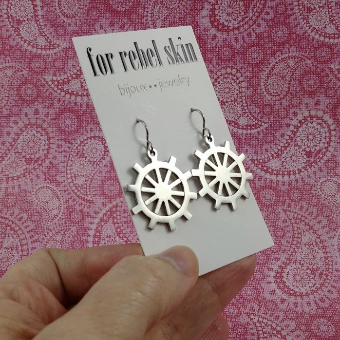 Silver ship wheel dangle earrings - Hypoallergenic pure titanium and stainless steel