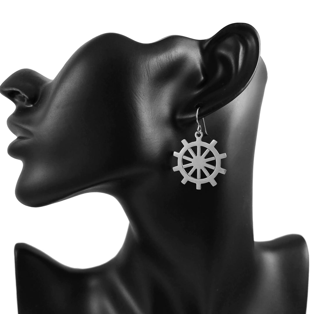 Silver ship wheel dangle earrings - Hypoallergenic pure titanium and stainless steel