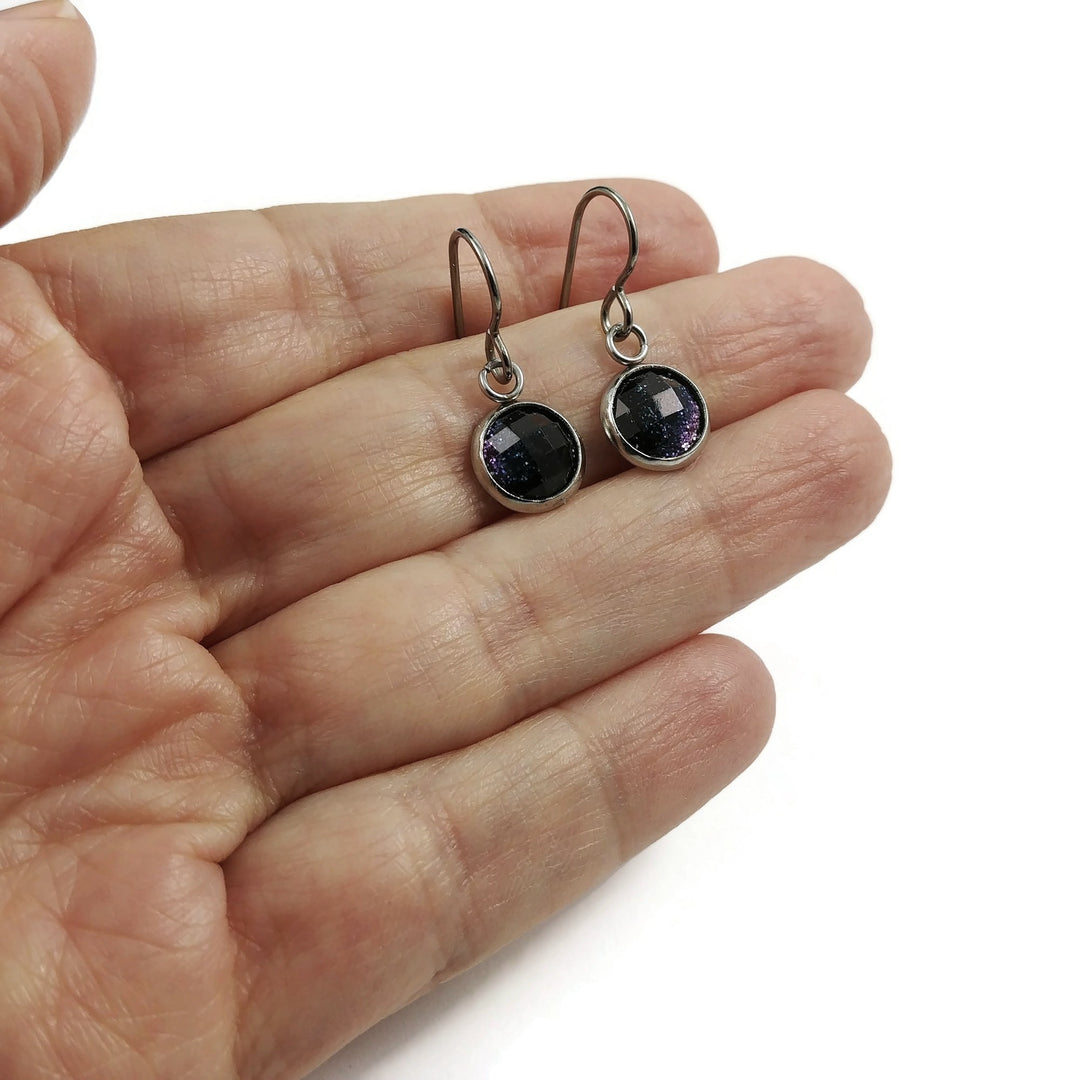 Purple glitter faceted dangle titanium earrings