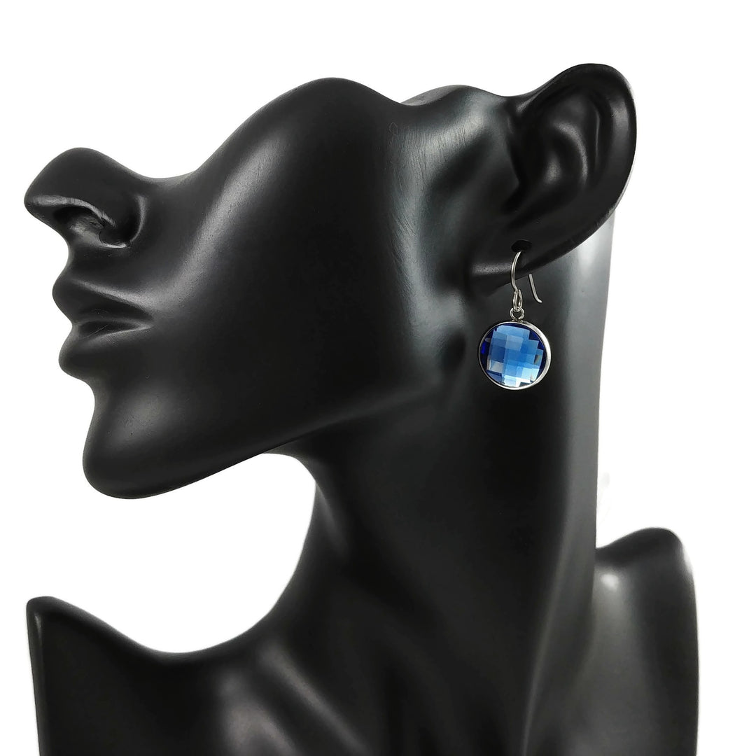 Blue rhinestone faceted dangle earrings - Pure titanium, stainless steel and glass