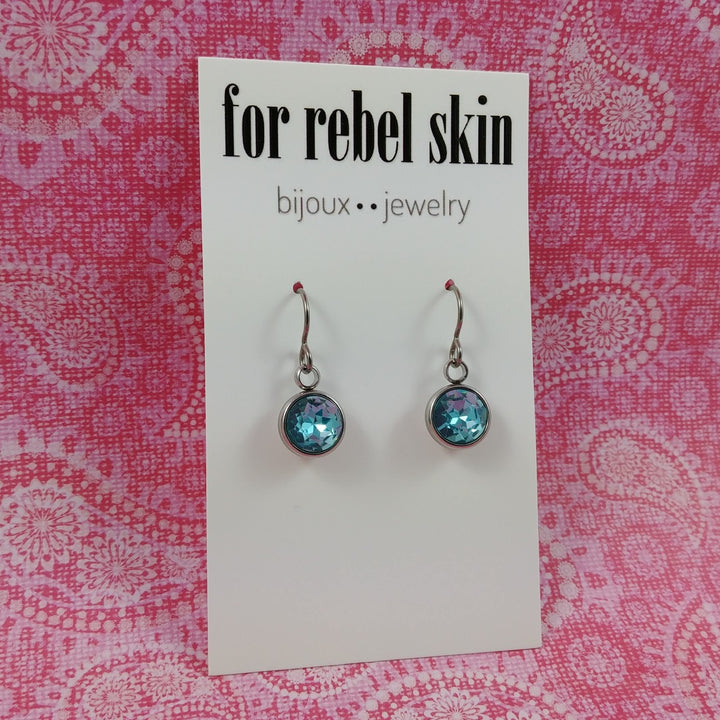 Aqua blue rhinestone faceted dangle earrings - Pure titanium, stainless steel and rhinestone