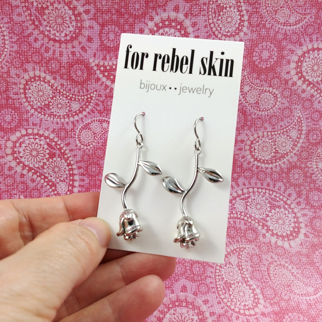 Silver rose dangle titanium earrings, Unique flower nickel free jewelry