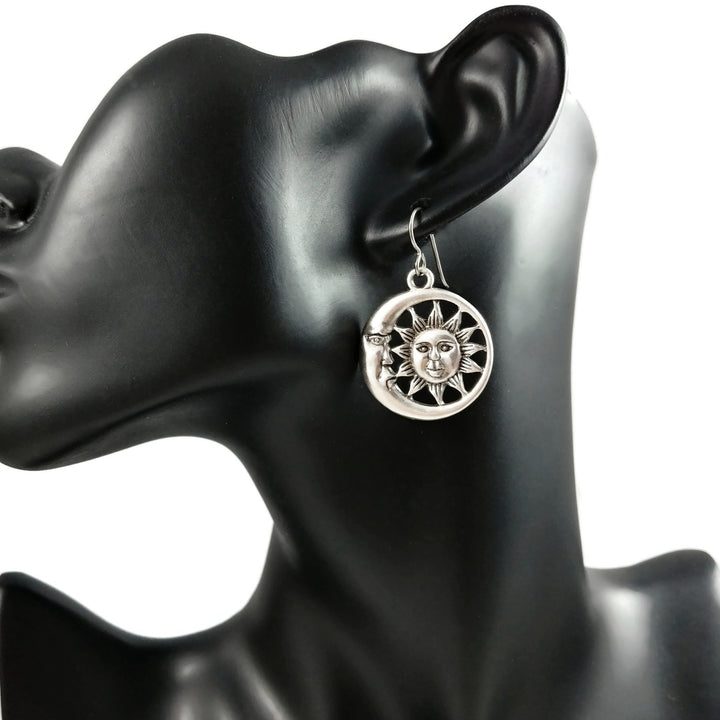 Moon and sun dangle earrings, Unique celestial titanium jewelry