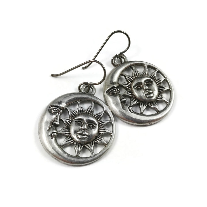 Moon and sun dangle earrings, Unique celestial titanium jewelry