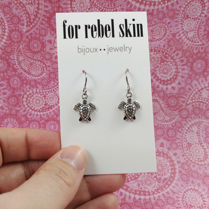 Dainty silver turtle dangle earrings