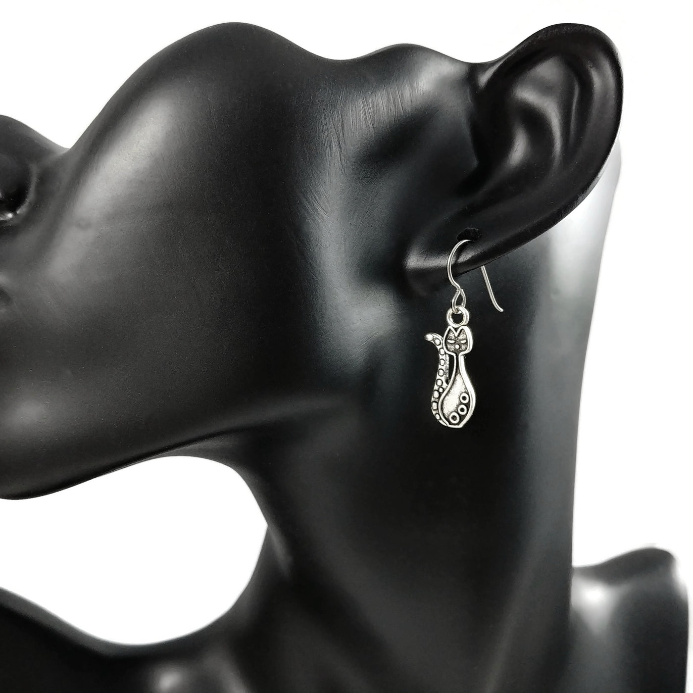 Silver cat rustic dangle earrings