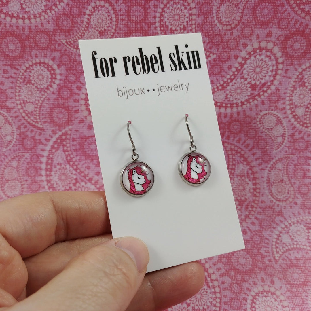 Pink flower unicorn drop titanium earrings