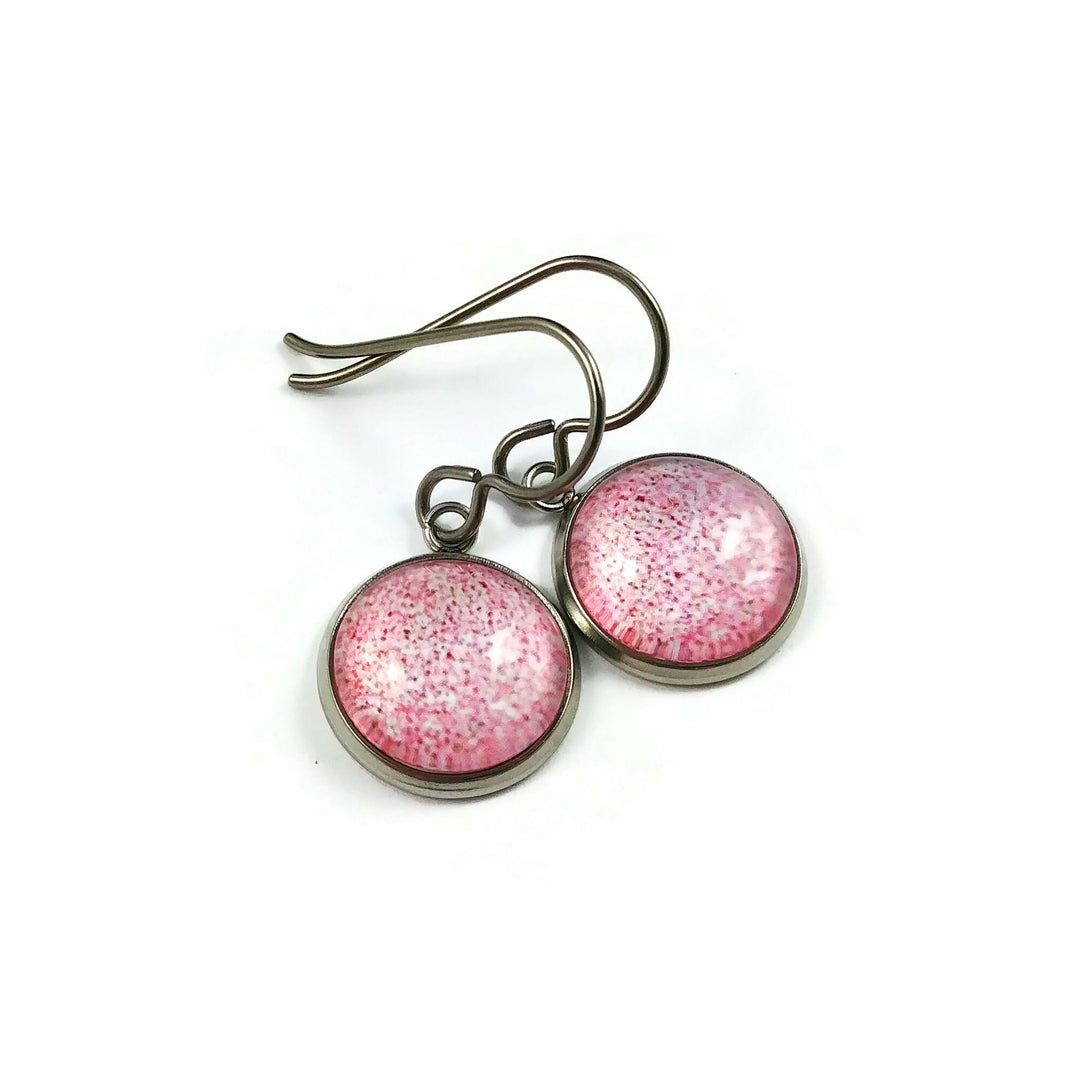 Pink flower unicorn drop titanium earrings