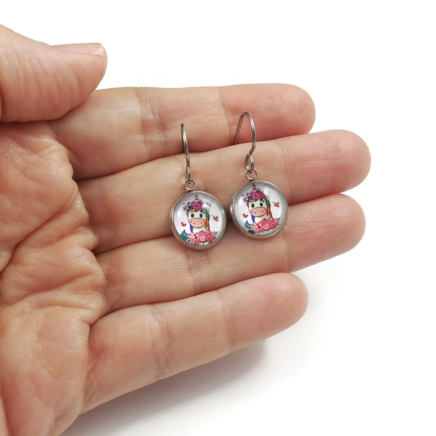 Heart daisy unicorn drop titanium earrings