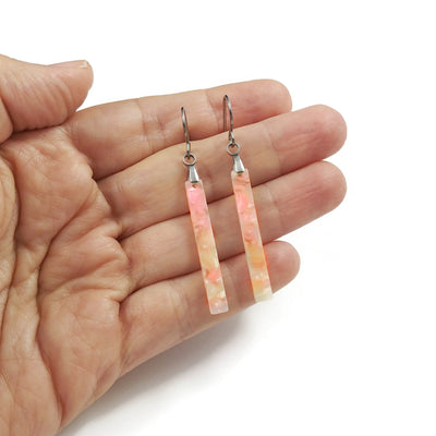 Pink resin bar titanium earrings