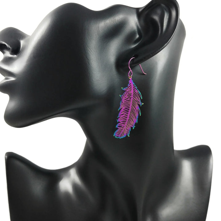 Rainbow filigree feather dangle niobium earrings