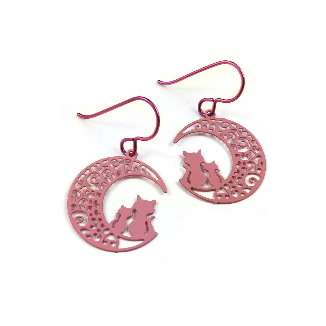 Pink cats and moon niobium earrings