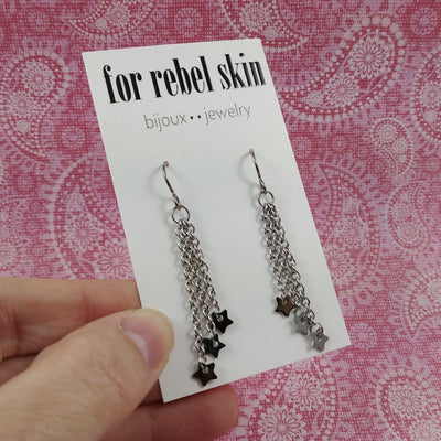Star silver chain dangle earrings - Hypoallergenic pure titanium and stainless steel