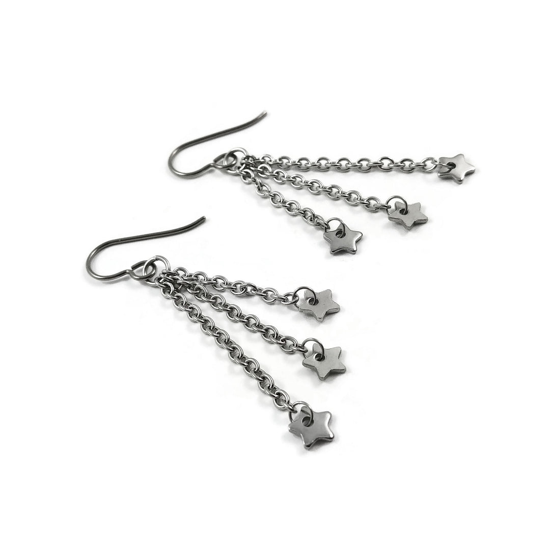 Star silver chain dangle earrings - Hypoallergenic pure titanium and stainless steel