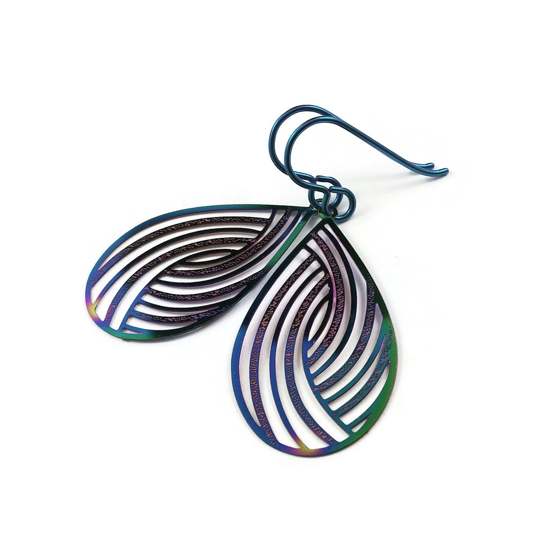 Rainbow filigree teardrop dangle niobium earrings - Hypoallergenic oval earrings