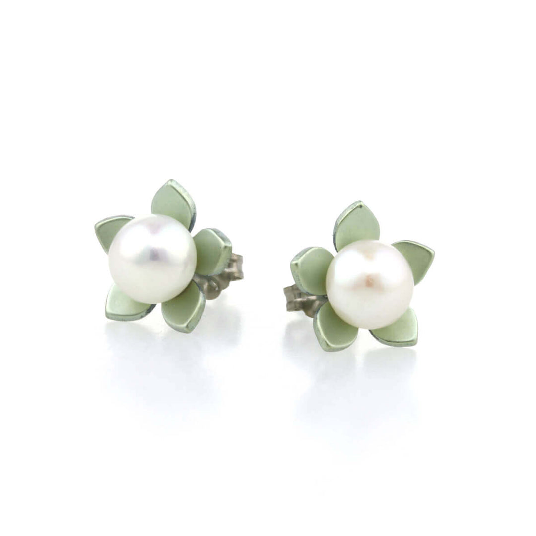 Boucles d'oreilles en titane pur, fleur et perle, 100% hypoallergénique