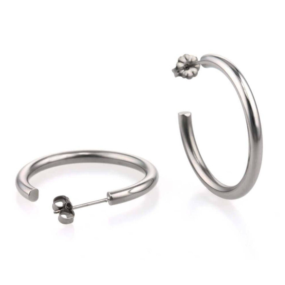 Large round hoop earrings, natural polished titanium 100% hypoallergenic for sensitive ear