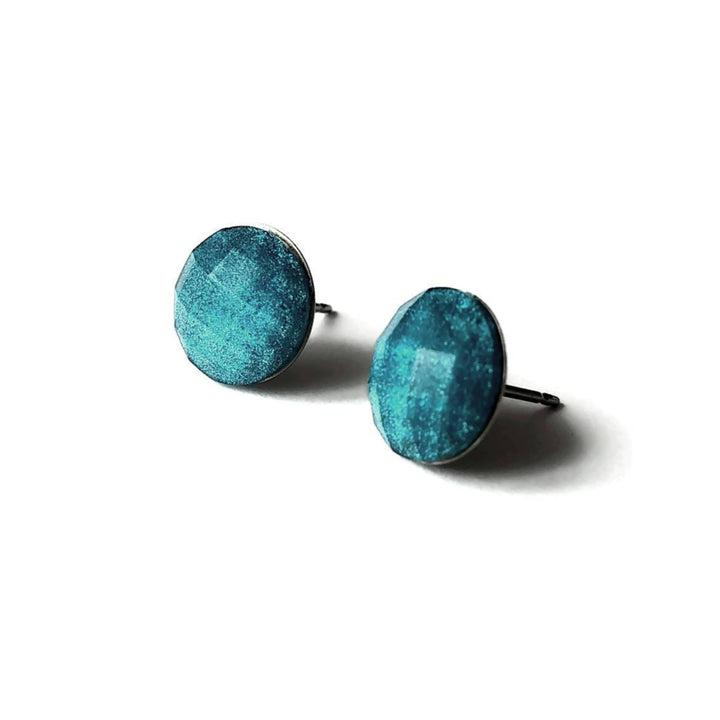 Teal blue faceted glitter stud earrings - Hypoallergenic pure titanium and resin