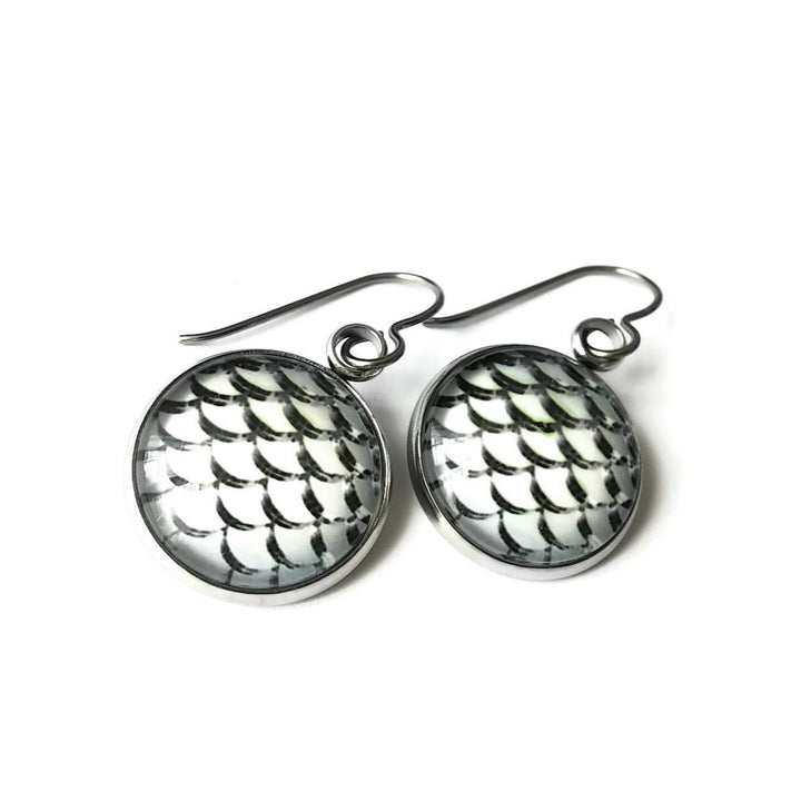 Mermaid, fish or dragon grey scale dangle earrings - Hypoallergenic pure titanium, stainless steel and glass jewelry