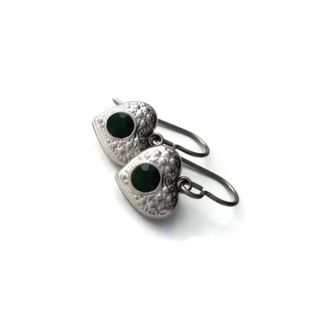 Emerald green rhinestone heart dangle titanium earrings