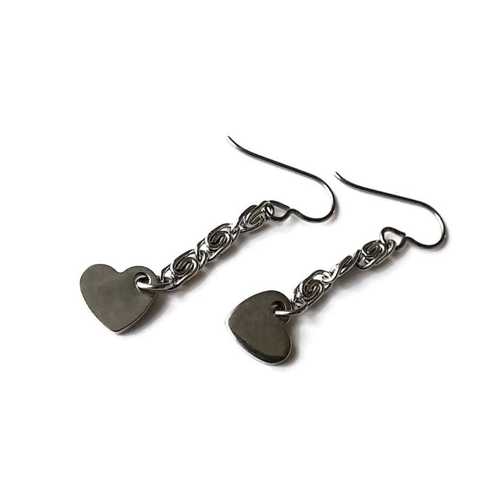 Heart silver chain dangle earrings - Hypoallergenic pure titanium and stainless steel