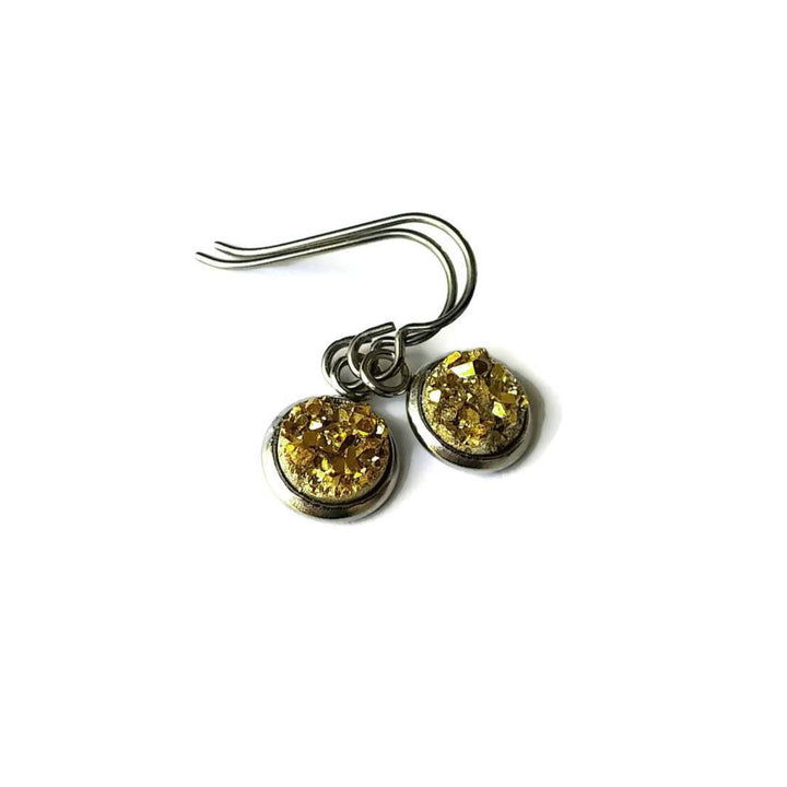 Gold druzy dangle earrings - Hypoallergenic pure titanium, stainless steel and acrylic druzy jewelry