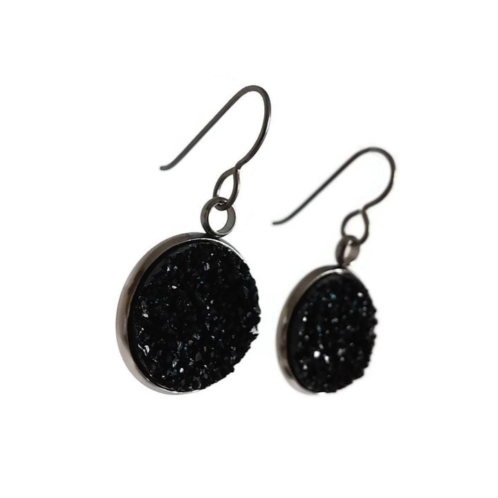 Midnight black druzy dangle titanium earrings