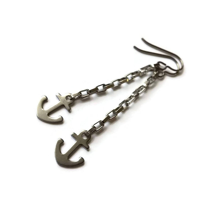 Anchor silver chain dangle earrings - Hypoallergenic pure titanium and stainless steel