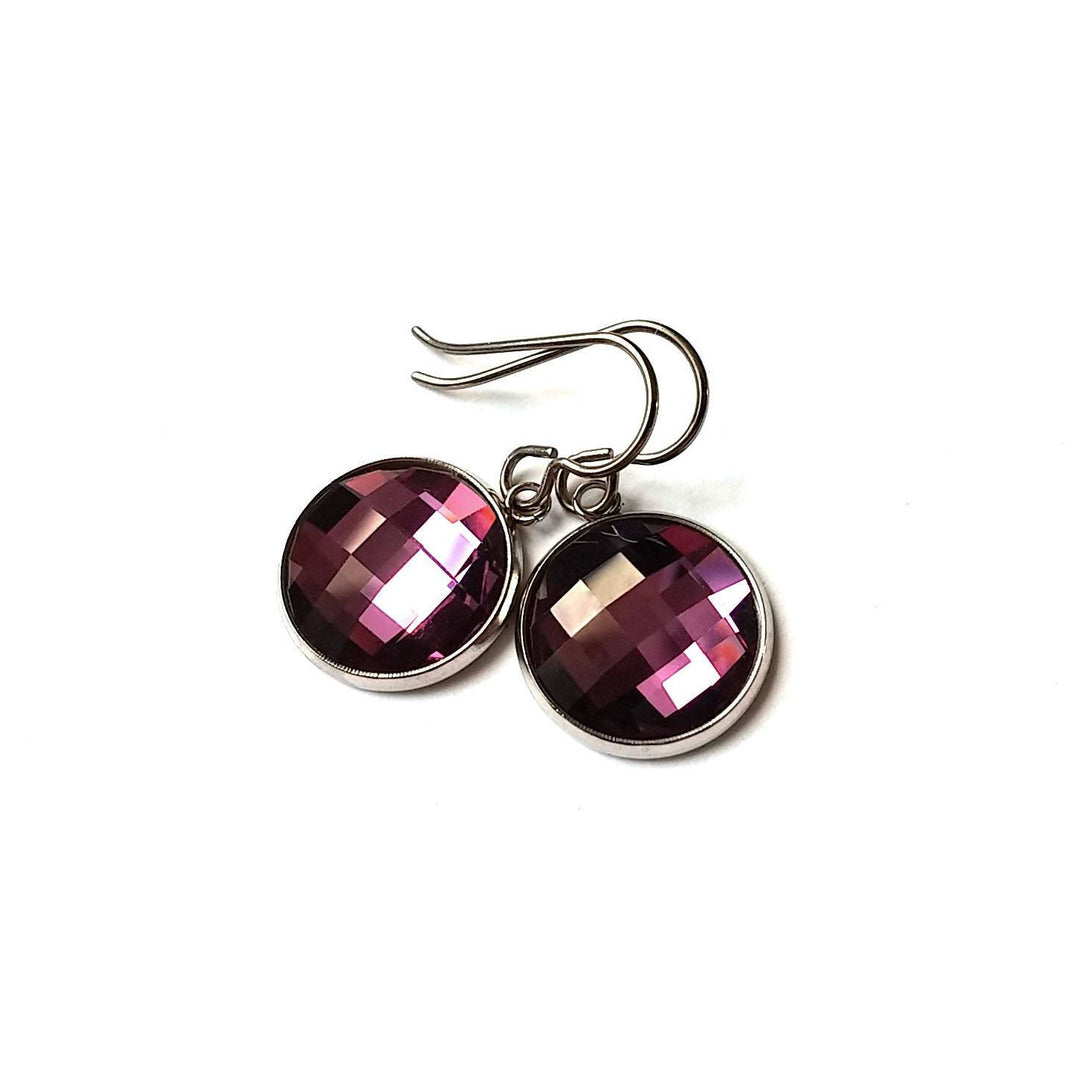 Plum rhinestone faceted dangle earrings - Pure titanium, stainless steel and glass